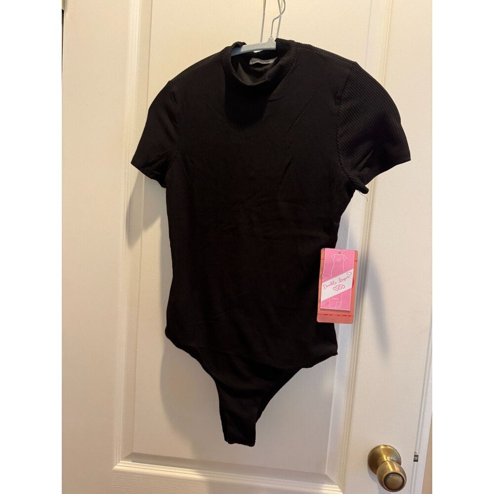 NWT Heart & Hips Black Ribbed Mock Neck Bodysuit - Size Medium